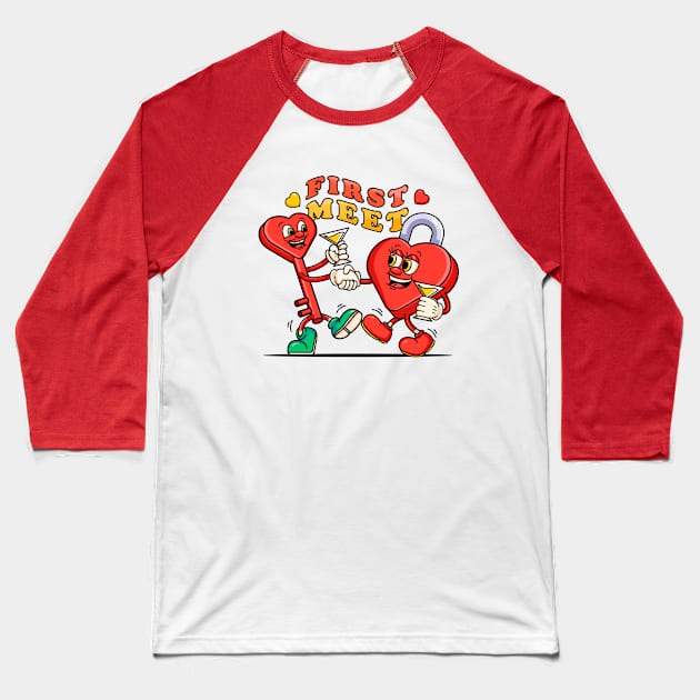 First met on Valentine's Day, cute cartoon mascot couple lock and key Baseball T-Shirt by Vyndesign